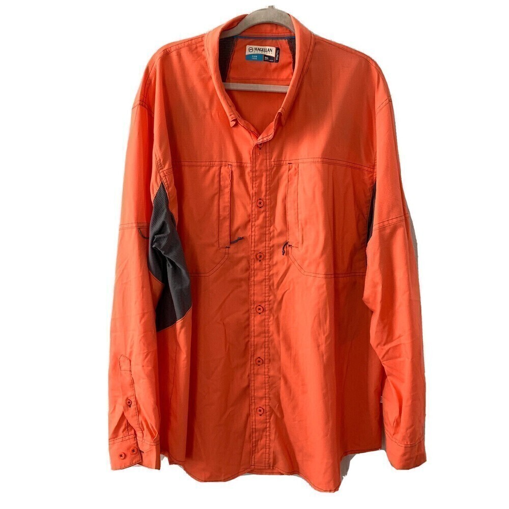 Magellan Outdoors Mens Size 2XL Orange MagWick Fish Hear Button Up Shirt Blouse
